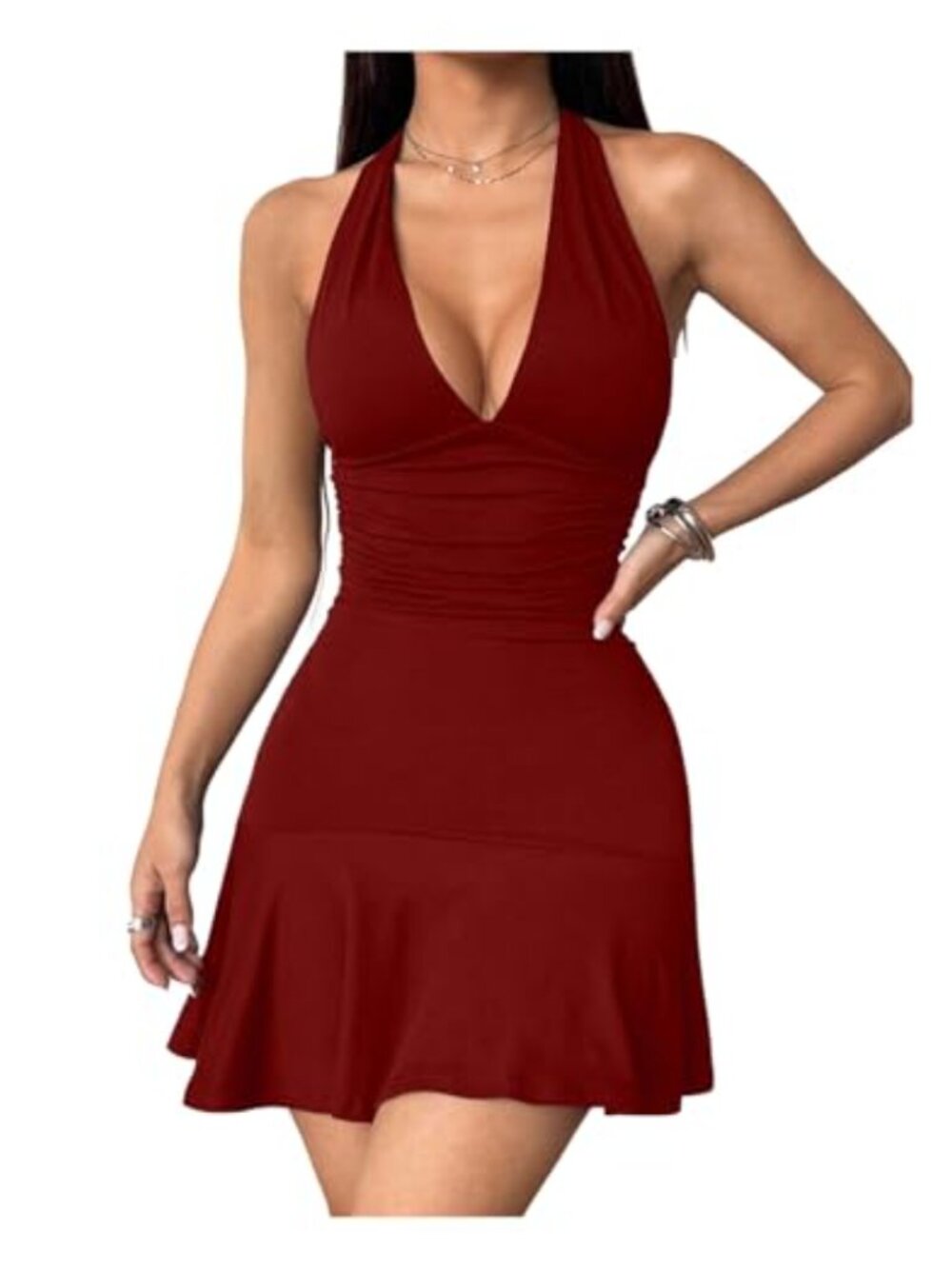 Flowy Deep V Halter Neck Sleeveless A-Line Mini Dress